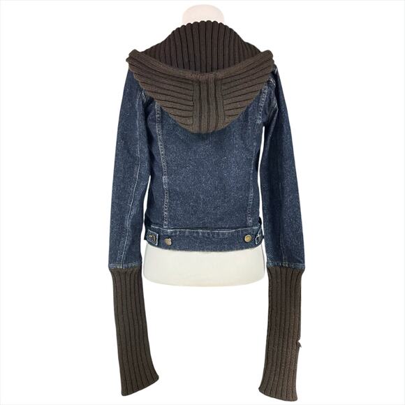 THEORY Kat Indy Denim Dark Wash Trucker Jacket w/ Wool Sweater Hood/Trim Size XS - Picture 6 of 7